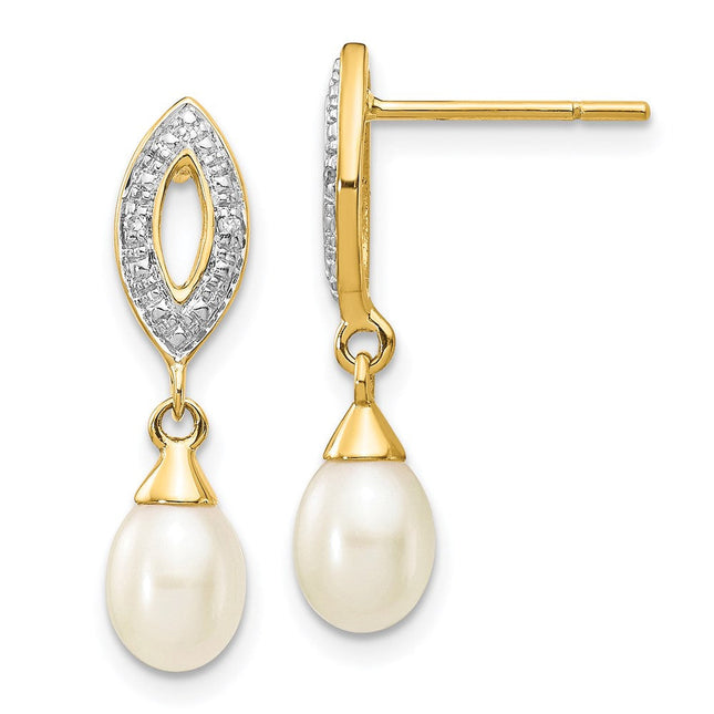 14k White Teardrop Fwc Pearl . Diamond Dangle Earrings, 22 x 6mm