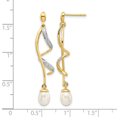 14K White Teardrop Fwc Pearl . Diamond Dangle Earrings, 42 x 7mm