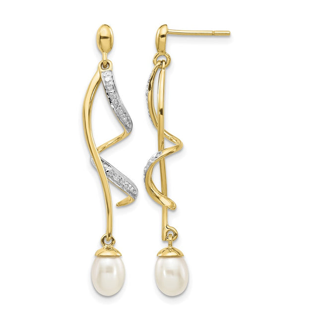 14k White Teardrop Fwc Pearl . Diamond Dangle Earrings, 42 x 7mm