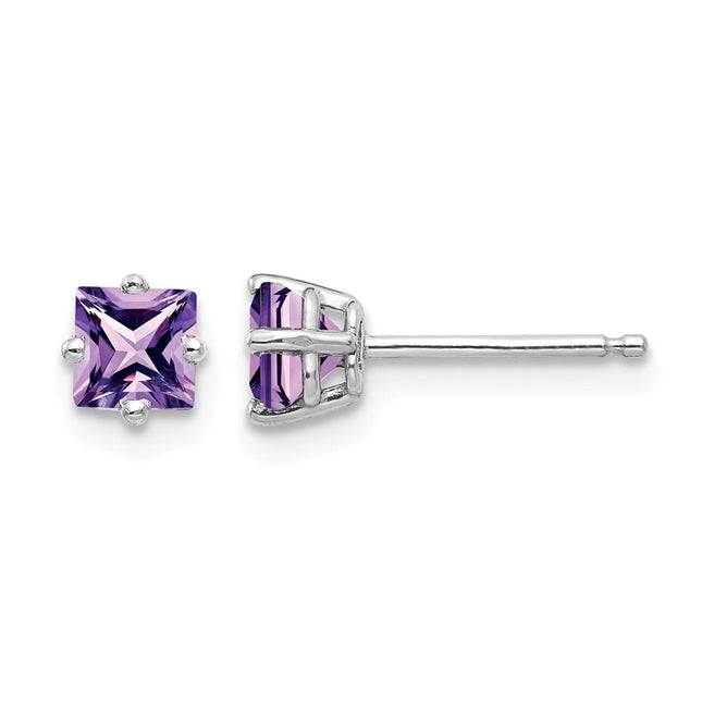 14k White Gold Princess Cut Amethyst Earrings, 4 x 4mm