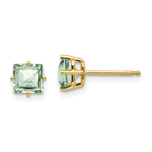 14k Square Checker-Cut Green Quartz Earrings, 6 x 6mm