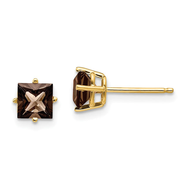 14k Square Smoky Quartz Earrings, 6 x 6mm