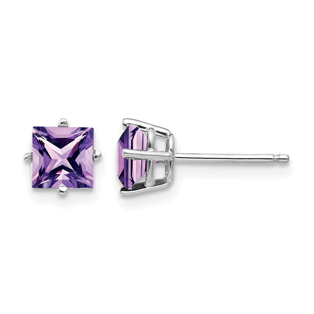 14k White Gold Princess Cut Amethyst Earrings, 5 x 5mm