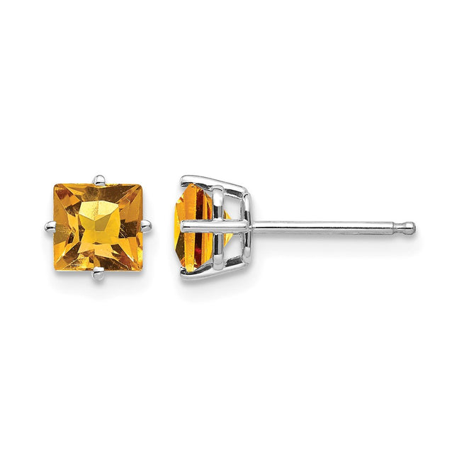 14k White Gold Princess Cut Citrine Earrings, 5 x 5mm
