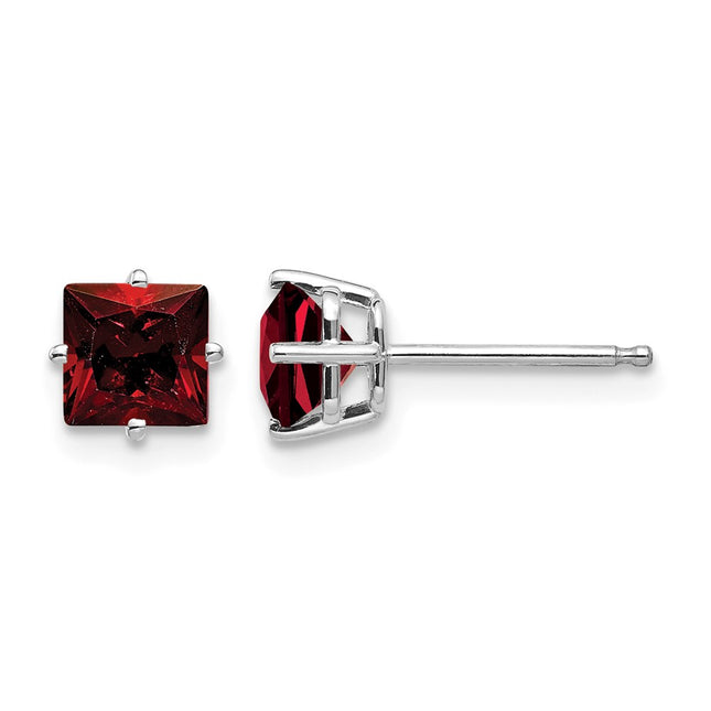 14k White Gold Princess Cut Garnet Earrings, 5 x 5mm