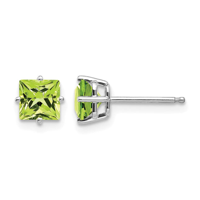14k White Gold Square Step Cut Peridot Earrings, 5 x 5mm