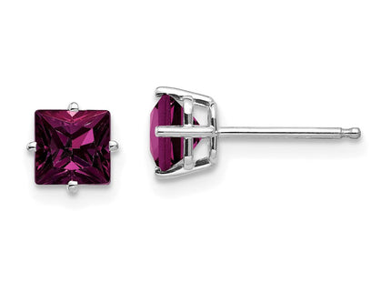 14k White Gold Rhodolite Garnet Princess Stud Earrings (Style XE61WRG)