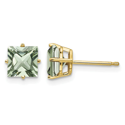 14K Square Green Quartz Earrings, 7 x 7mm