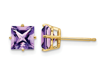 14k Princess Cut Amethyst Earrings, 7 x 7mm