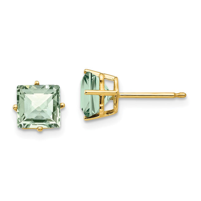 14k Square Checker-Cut Green Quartz Earrings, 7 x 7mm