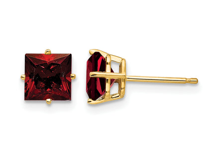 14k Princess Cut Garnet Earrings, 7 x 7mm