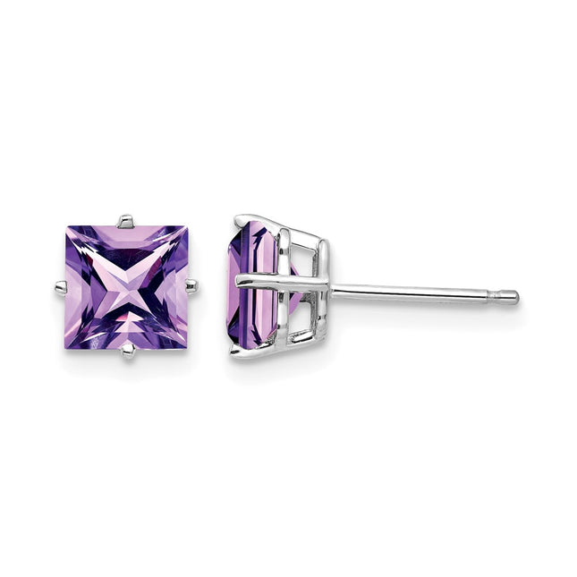 14k White Gold Princess Cut Amethyst Earrings, 6 x 6mm