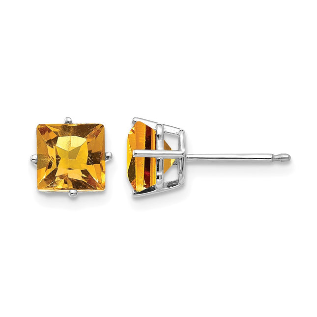 14k White Gold Princess Cut Citrine Earrings, 6 x 6mm