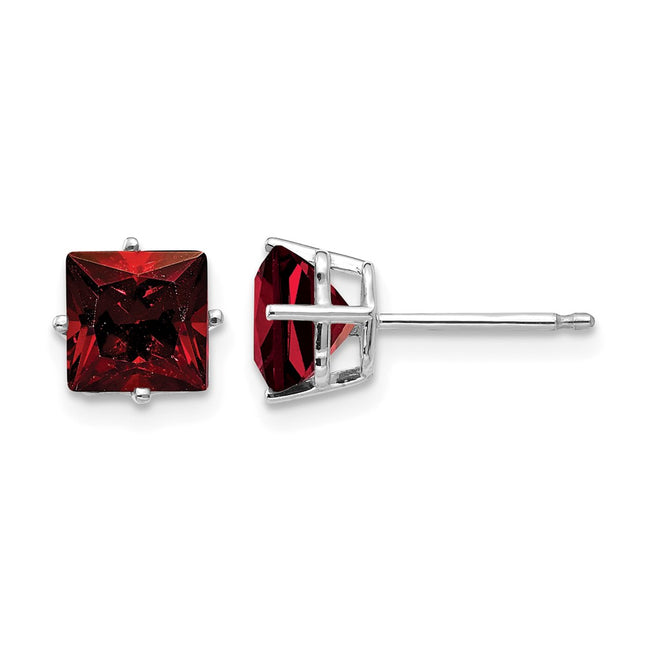 14k White Gold Princess Cut Garnet Earrings, 6 x 6mm