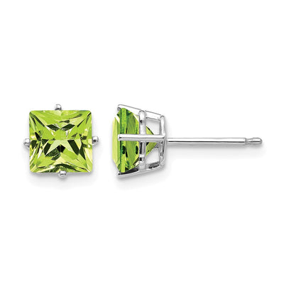 14K White Gold Square Step Cut Peridot Earrings, 6 x 6mm