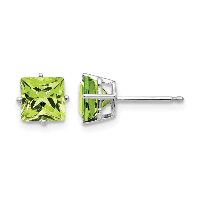 14k White Gold Square Step Cut Peridot Earrings, 6 x 6mm