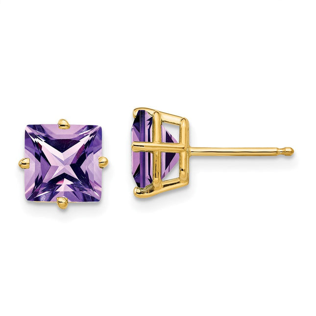 14k Princess Cut Amethyst Earrings, 7 x 7mm