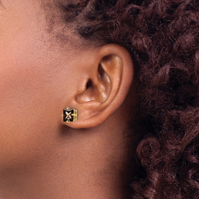14K Square Checker-Cut Smoky Quartz Earrings, 8 x 8mm