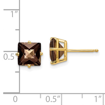 14K Square Checker-Cut Smoky Quartz Earrings, 8 x 8mm