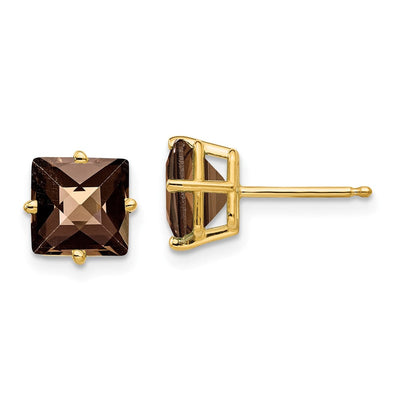 14K Square Checker-Cut Smoky Quartz Earrings, 8 x 8mm