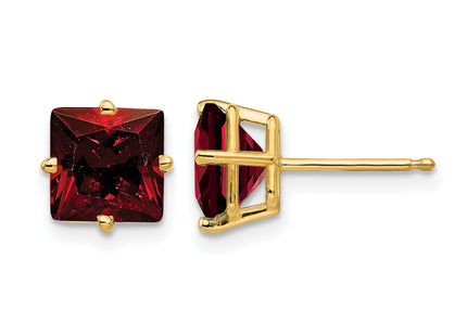14k Princess Cut Garnet Earrings, 8 x 8mm