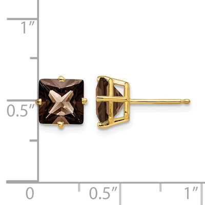 14K Square Smoky Quartz Earrings, 8 x 8mm