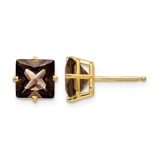 14k Square Smoky Quartz Earrings, 8 x 8mm