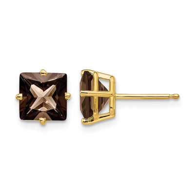 14K Square Smoky Quartz Earrings, 8 x 8mm