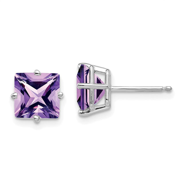 14k White Gold Princess Cut Amethyst Earrings, 7 x 7mm