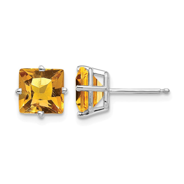 14k White Gold Princess Cut Citrine Earrings, 7 x 7mm