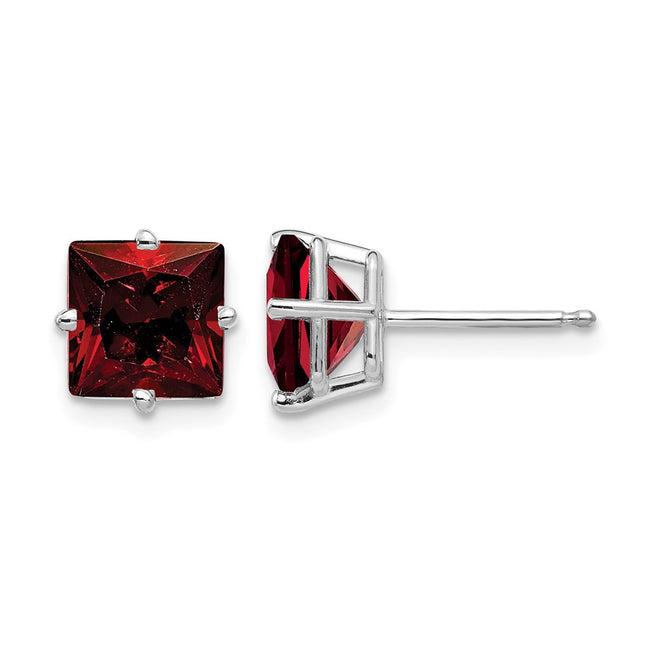 14k White Gold Princess Cut Garnet Earrings, 7 x 7mm