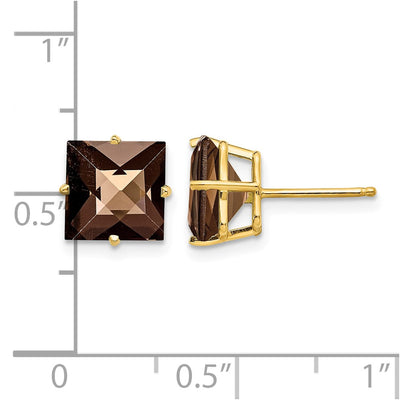 14K Square Checker-Cut Smoky Quartz Earrings, 9 x 9mm