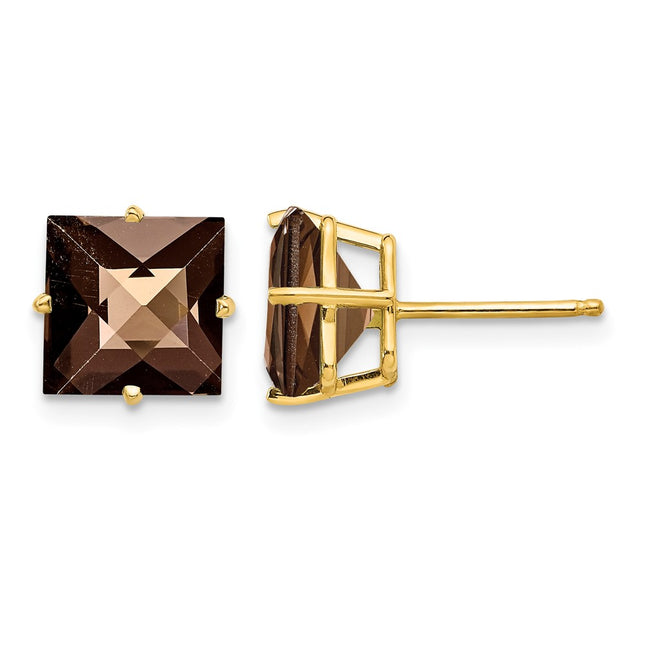 14k Square Checker-Cut Smoky Quartz Earrings, 9 x 9mm