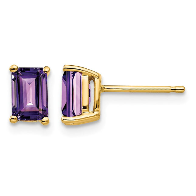 14k Emerald Cut Amethyst Earrings, 7 x 4mm