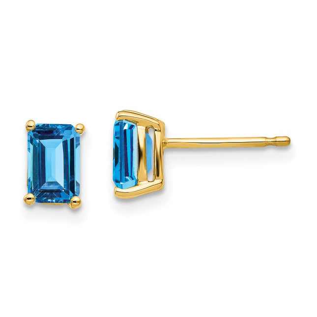 14k Emerald Cut Blue Topaz Earrings, 7 x 4mm