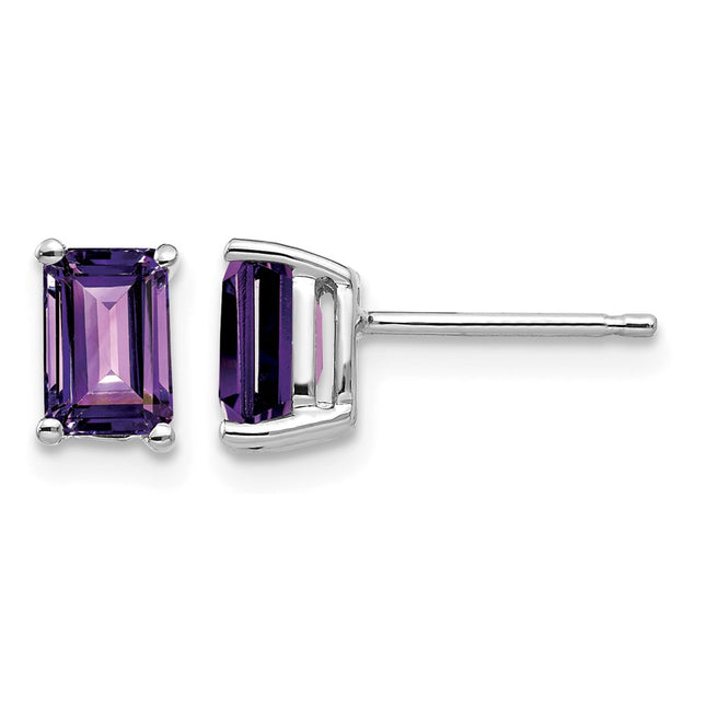 14k White Gold Emerald Cut Amethyst Earrings, 7 x 4mm