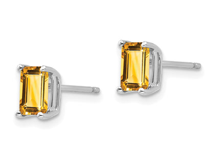 14k White Gold Emerald Cut Citrine Earrings, 7 x 4mm