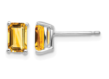 14k White Gold Emerald Cut Citrine Earrings, 7 x 4mm