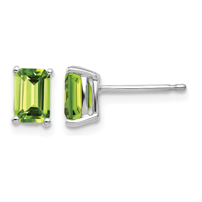 14k White Gold Emerald Cut Peridot Earrings, 7 x 4mm