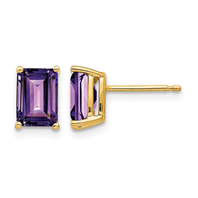 14k Emerald Cut Amethyst Earrings, 8 x 5mm