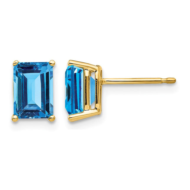 14k Emerald Cut Blue Topaz Earrings, 8 x 5mm