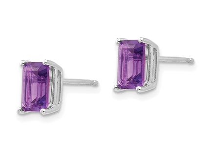 14k White Gold Emerald Cut Amethyst Earrings, 8 x 5mm