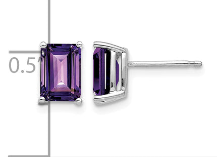14k White Gold Emerald Cut Amethyst Earrings, 8 x 5mm