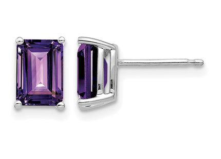 14k White Gold Emerald Cut Amethyst Earrings, 8 x 5mm