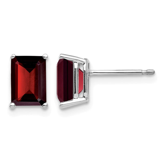 14k White Gold Emerald Cut Garnet Earrings, 8 x 5mm