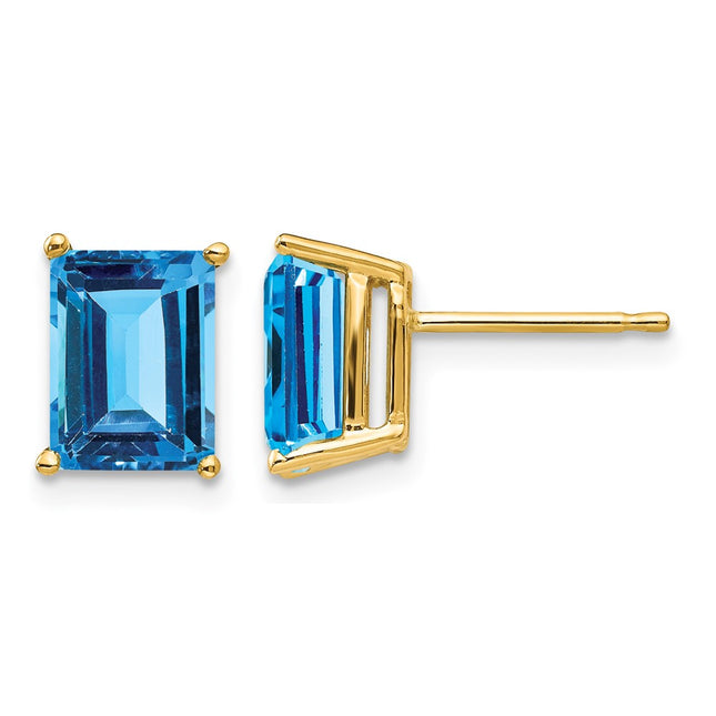 14k Emerald Cut Blue Topaz Earrings, 9 x 6mm