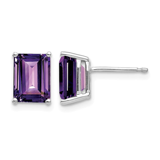 14k White Gold Emerald Cut Amethyst Earrings, 9 x 6mm