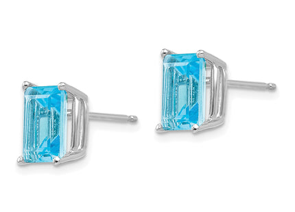 14k White Gold Emerald Cut Blue Topaz Earrings, 9 x 6mm