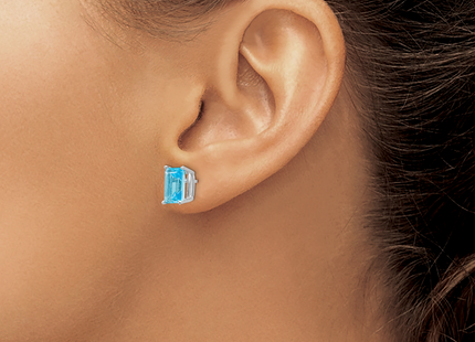 14k White Gold Emerald Cut Blue Topaz Earrings, 9 x 6mm