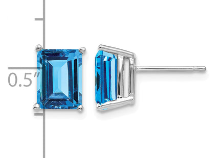 14k White Gold Emerald Cut Blue Topaz Earrings, 9 x 6mm